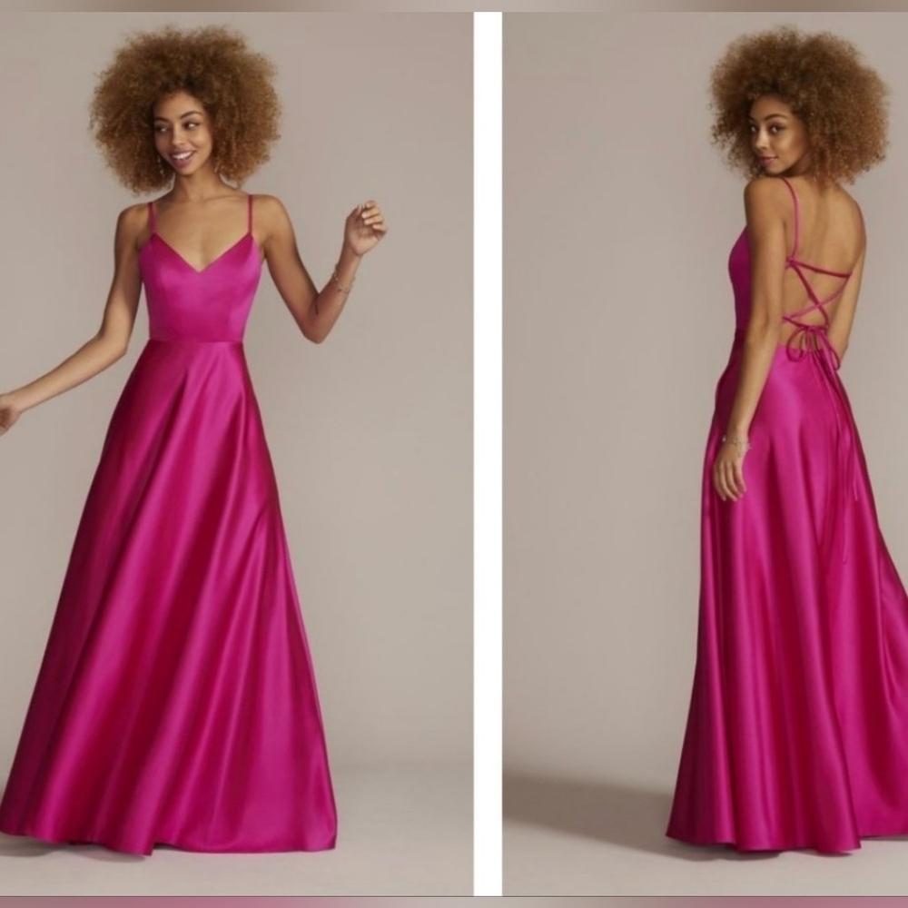JULES AND CLEO DAVID'S BRIDAL Satin Spaghetti Strap A Line Dress Hot Pink Size 4 - Picture 2 of 15